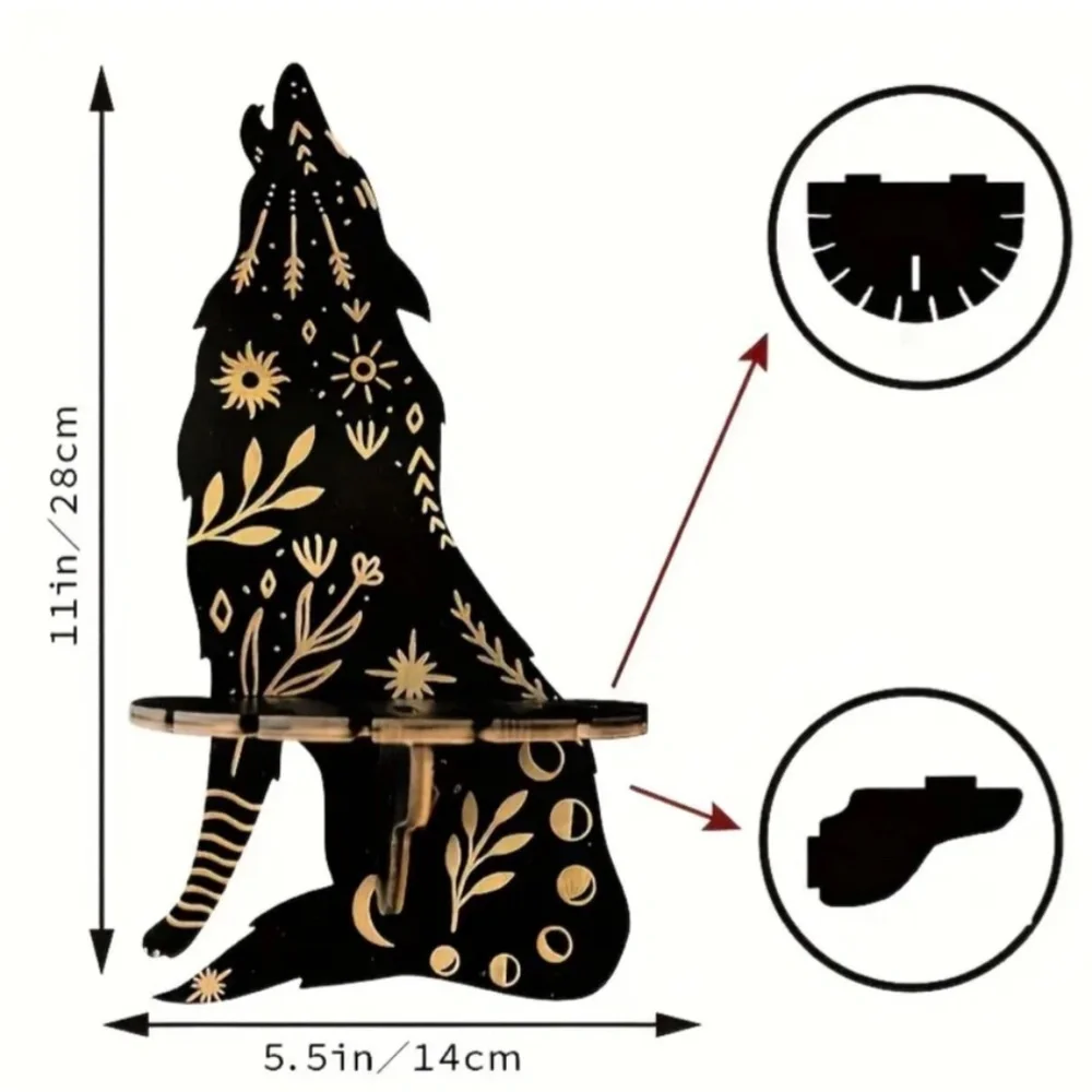 NEW! Majestic Black and Gold Howling Wolf Crystal / Gemstone Display Wall Shelf!